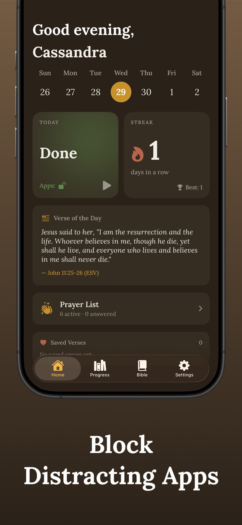 First Light home screen with streak and verse of the day